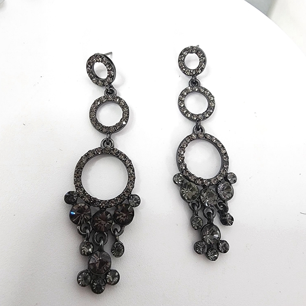 Silver Gunmetal Smokey Grey Crystal Drop Earrings